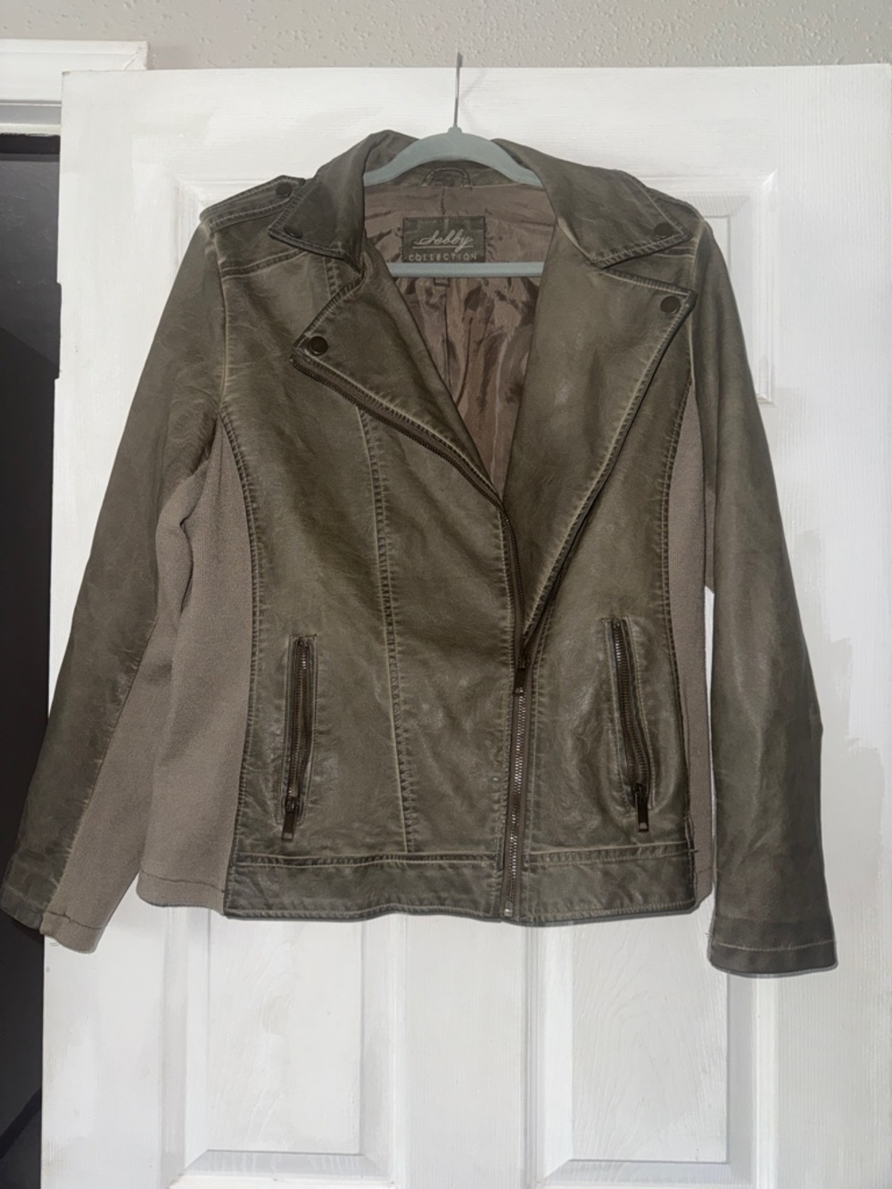 Sebby Olive Green Faux Leather Moto Jacket with Knit Side Panels
